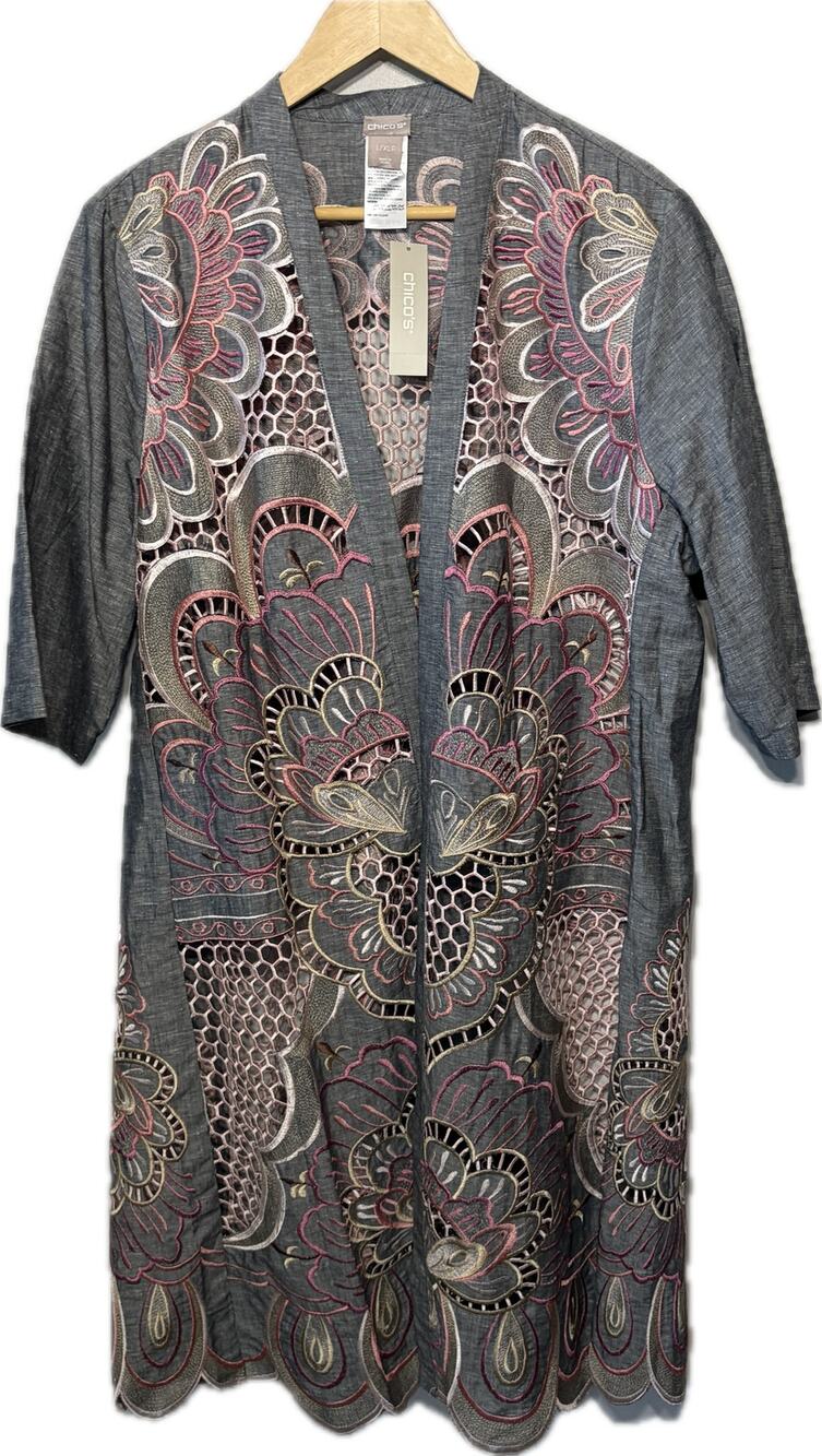 Chico's NWT Kimono Gray Pink Novelty Embroider Scalloped Linen Blend Boho L/XLP